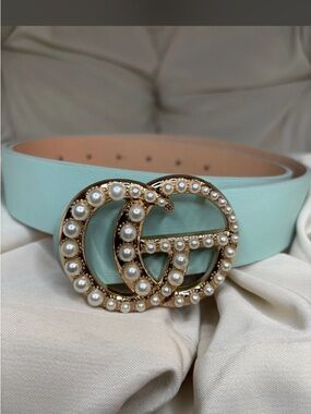 Pearl-Embellished Double Circle Buckle Mint Leather Belt